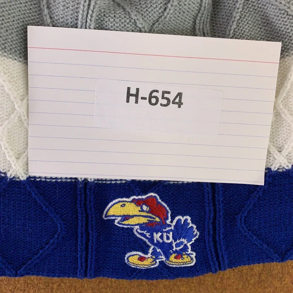 Kansas Jayhawks Adidas OSFA Blue Gray White Cable Knit Pom Beanie